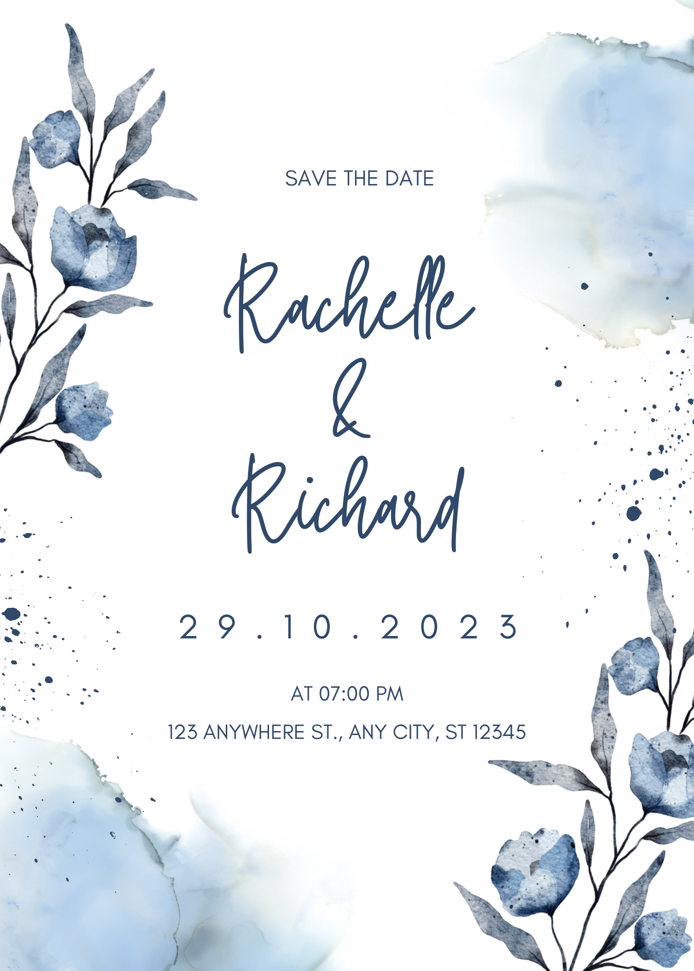 Blue Floral Wedding Invitation