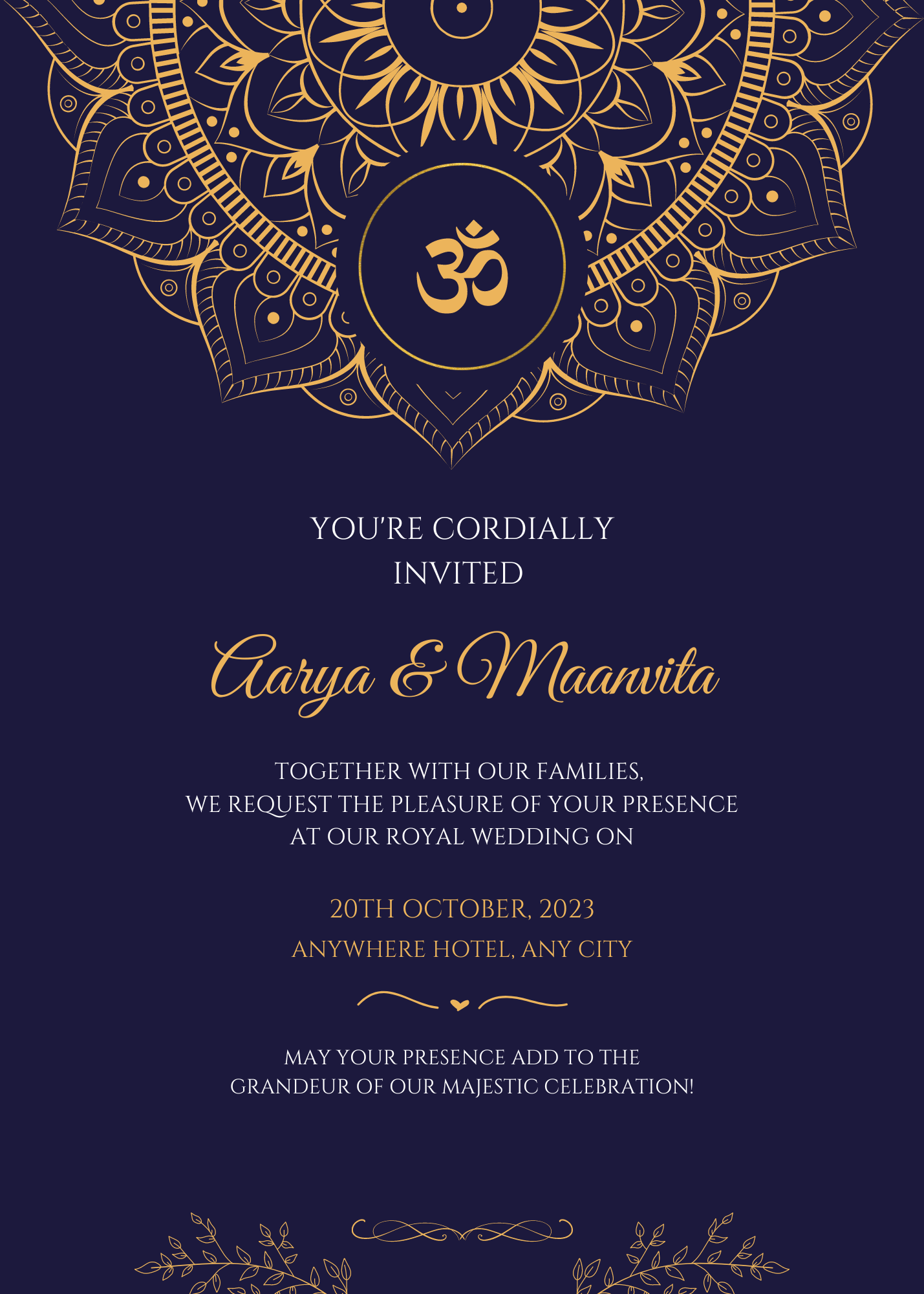 Blue and Gold Indian Floral Royal Wedding Invitation