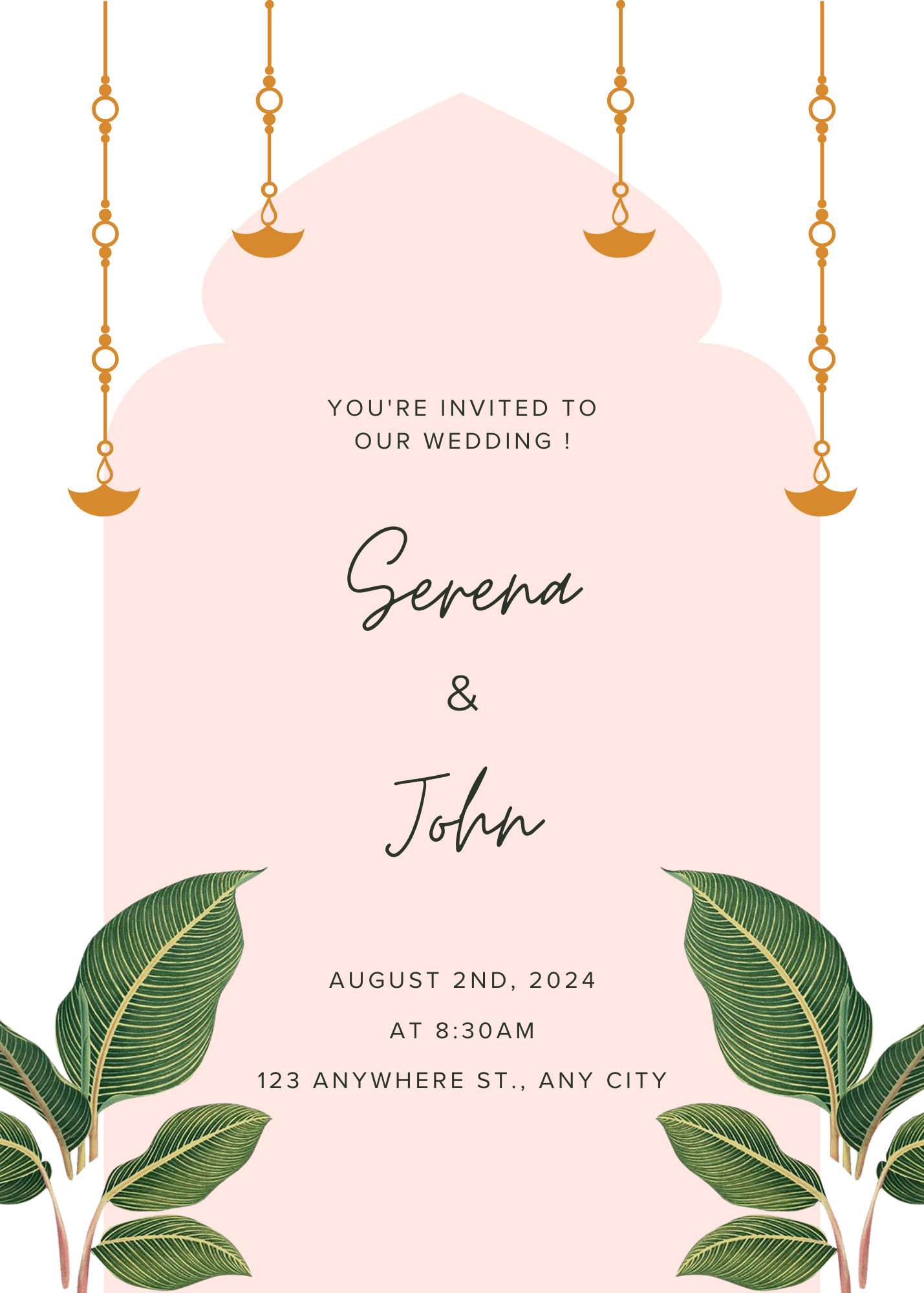 Green and Cream Illustrated Leaves Wedding Invitation