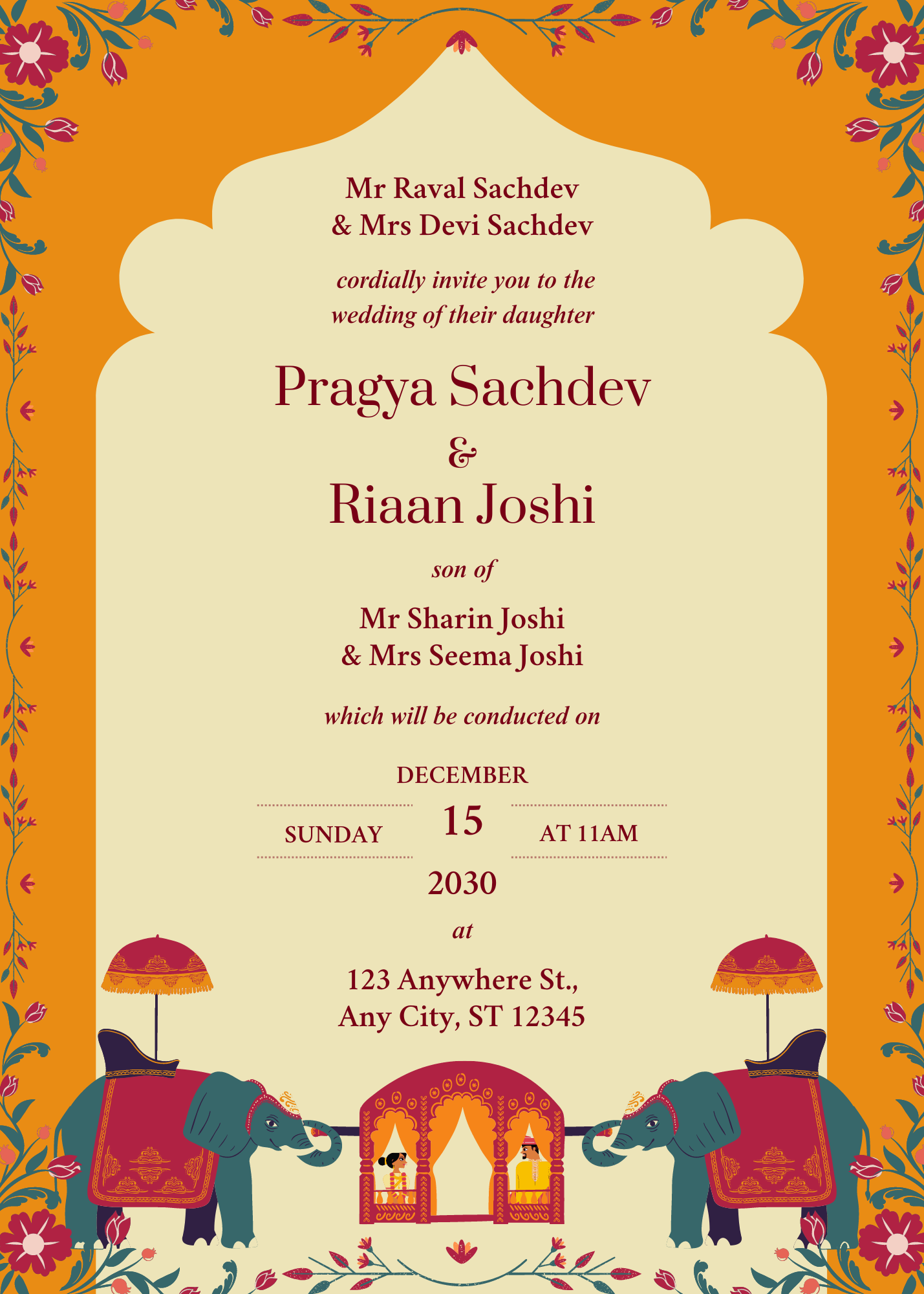 Orange Modern Illustrative Indian Wedding Invitation