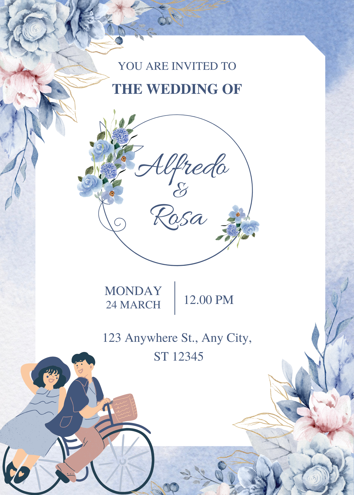 Soft Blue and White Floral Illustrative Wedding Invitation